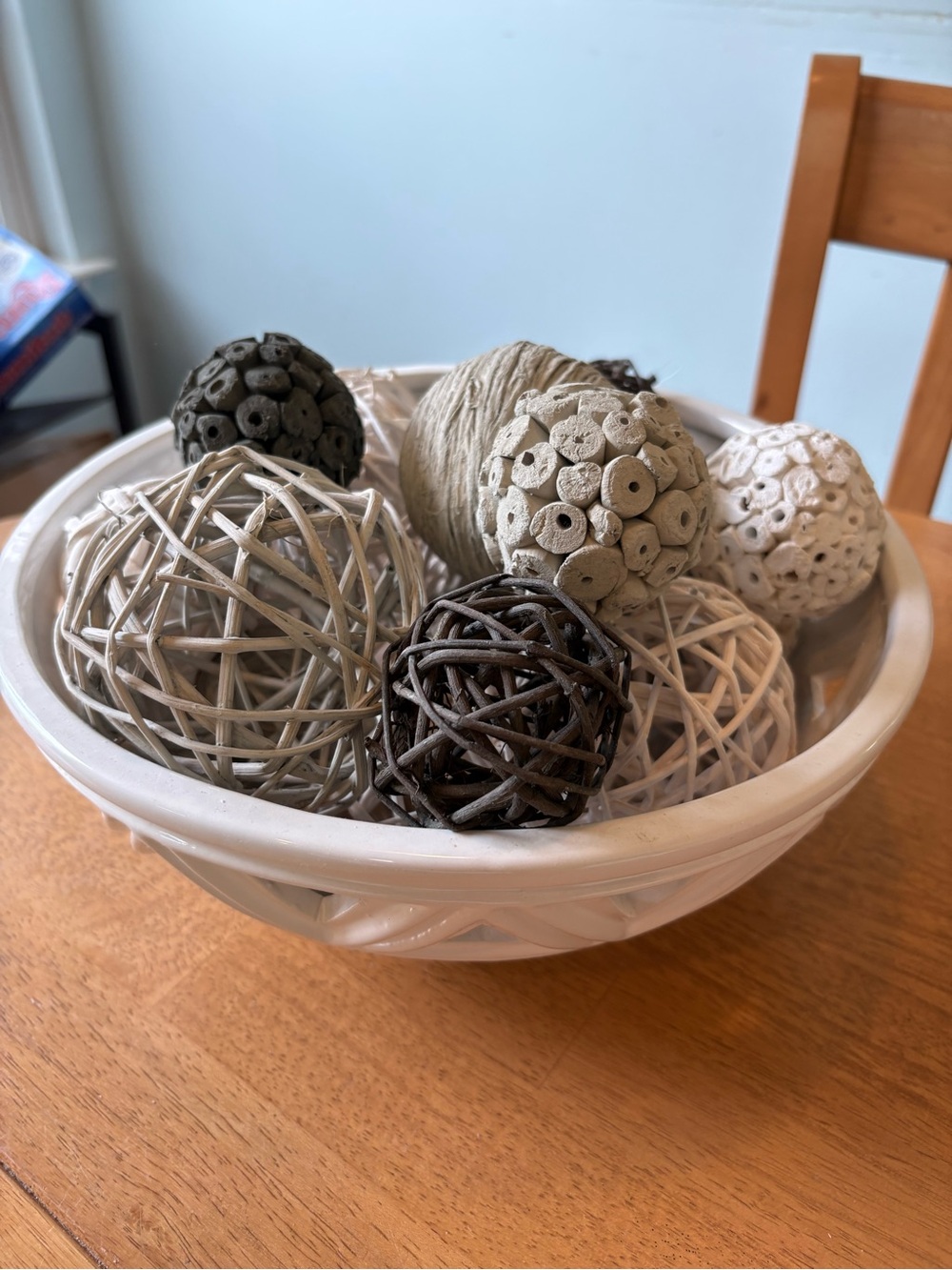 Decorative Neutral Rattan and Clay Accent Bowl with Assorted Natural Balls